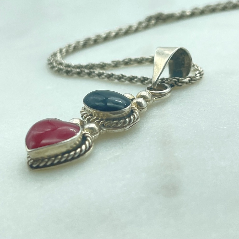 Sterling Silver Heart Pendant Necklace Red & Black Inlay Stone Rope Twist Chain - Picture 8 of 17